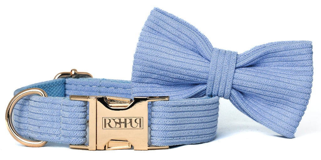 POSHPUP adjustable luxury dog collar with bow - corduroy pastel blue