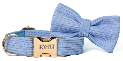 POSHPUP adjustable luxury dog collar with bow - corduroy pastel blue