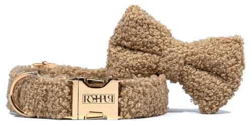 POSHPUP adjustable luxury dog collar with bow - teddy beige