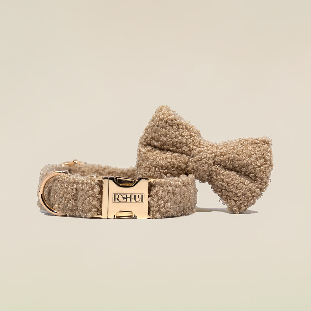 POSHPUP adjustable luxury dog collar with bow - teddy beige