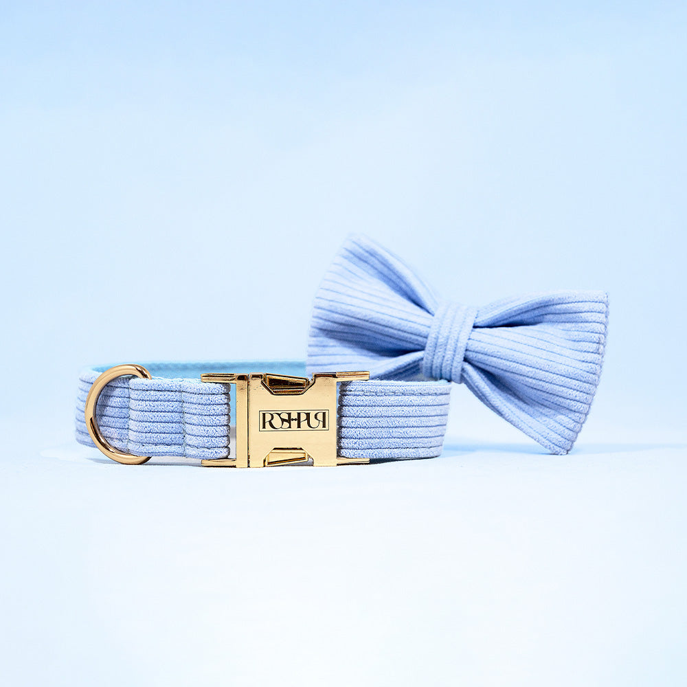 POSHPUP adjustable luxury dog collar with bow - corduroy pastel blue