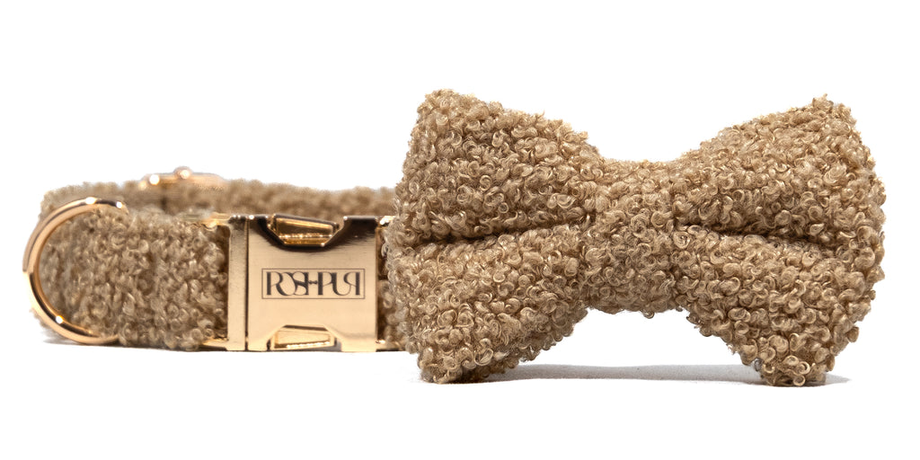 POSHPUP adjustable luxury dog collar with bow - teddy beige